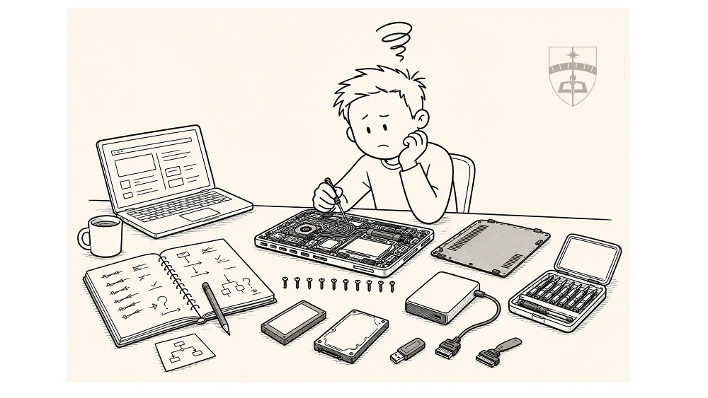 A cartoon Pelorus Academy illustration depicting an analyst troubleshooting a laptop upgrade. The workspace contains an open laptop, repair toolkit, SSDs, cables, handwritten notes, diagrams, and a second computer displaying research material. The scene represents the progression from a simple technical task to a broader analytical investigation involving hypothesis testing, critical thinking, and persistence.
