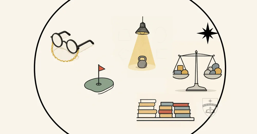 five critical thinking icons in a circle: eye glasses with a gold chain, a golf green with a flag, a light over a weight, and scales balanced.